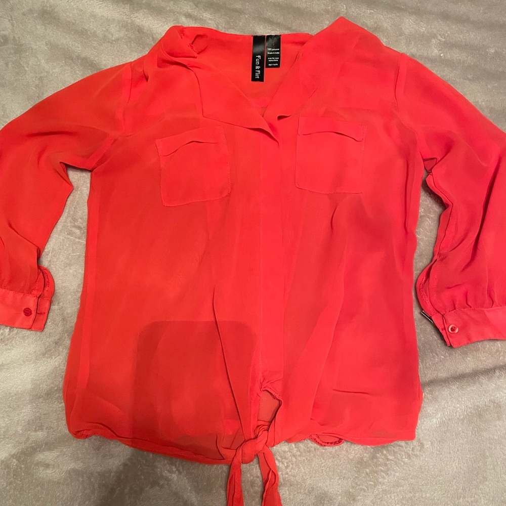 Sheer red 3/4 length sleeved blouse, size S, $15